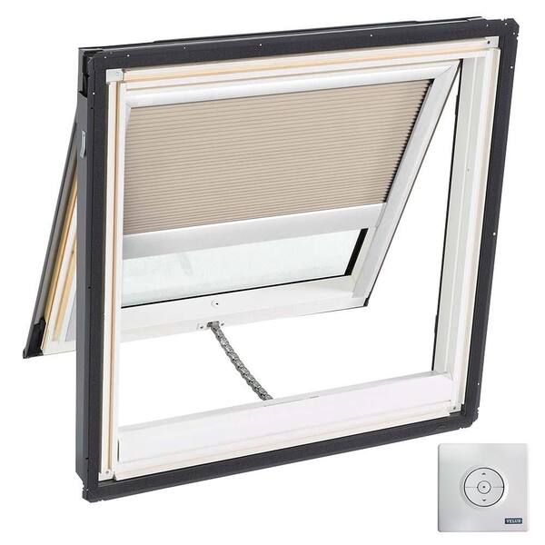 VELUX 30-1/16 in. x 30 in. Solar Powered Venting Deck-Mount Skylight w/ Laminated Low-E3 Glass and Beige Room Darkening Blind