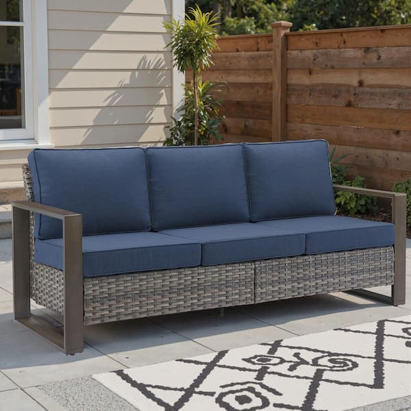Kove Gray Wicker 1-Piece Outdoor Seactional Couch 3-Seat High Back Patio Sofa with Blue Cushion for Porch Backyard