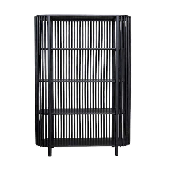 Storied Home Black Slatted Wood Design and Curved Edge 4-Tier Mango Wood Book Shelving Unit 48 in. W x 67.5 in. H x 14 in. D