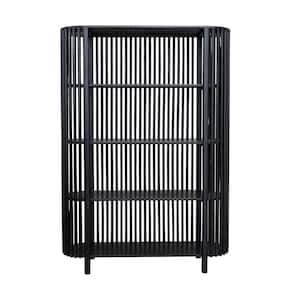 Black Slatted Wood Design and Curved Edge 4-Tier Mango Wood Book Shelving Unit 48 in. W x 67.5 in. H x 14 in. D
