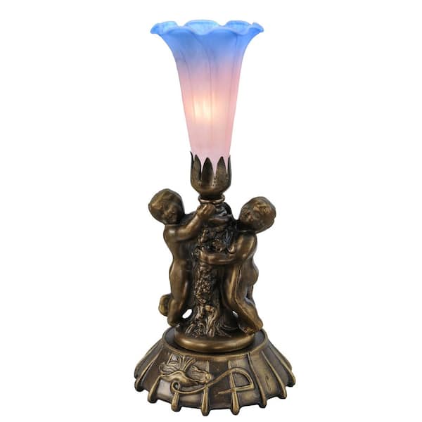 MEYDA Pond Lily 12 in. Mahogany Bronze Novelty Victorian Twin Cherub Table Lamp with Pink and Blue Glass Shade