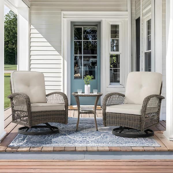Hotormer Kovac 3-Piece Brown PE Wicker Outdoor Rocking Chair Set with Beige Gray Cushion Swivel Rocking Chair and Side Table