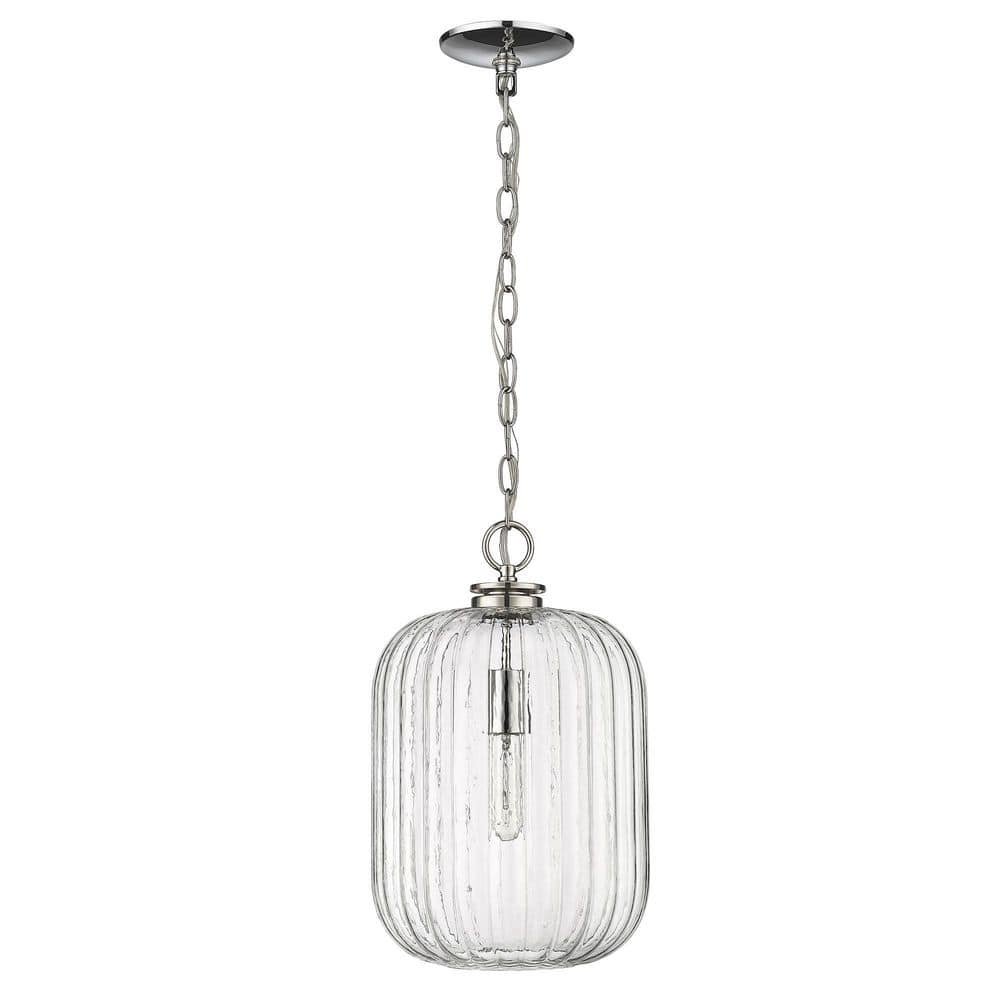 Cabot 10.25 in. 1-Light Polished Nickel Cylinder Pendant with Clear Reeded 