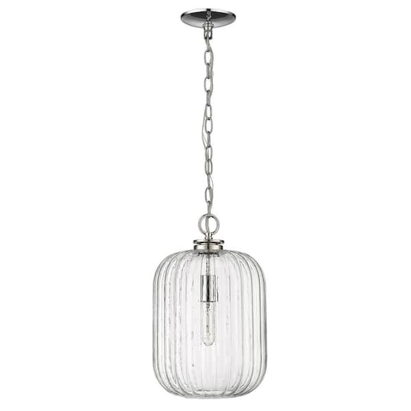 Unbranded Cabot 10.25 in. 1-Light Polished Nickel Cylinder Pendant with Clear Reeded Glass