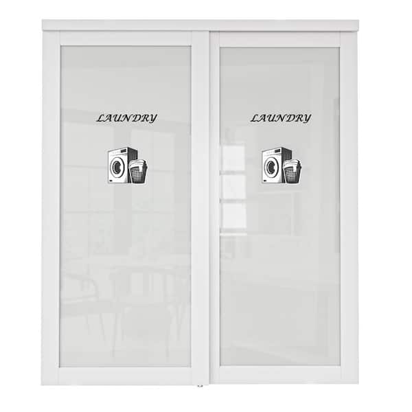 ARK DESIGN 72 in. x 80 in. 1-Lite Tempered Frosted Glass White Finished Solid Core Sliding Door with Laundry Sticker and Hardware