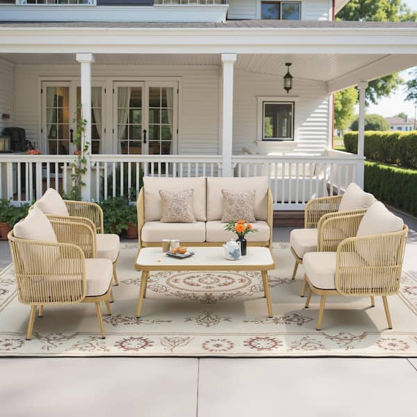 6-Piece Wicker Patio Conversation Set Outdoor Rope Glider Chair Set with Beige Cushions