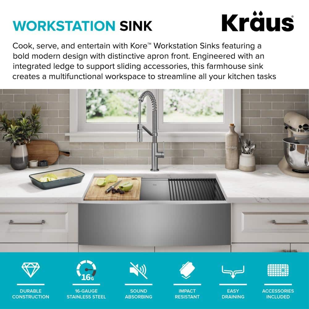 Kore 30-Inch Stainless Steel Farmhouse Workstation Sink with Accessories