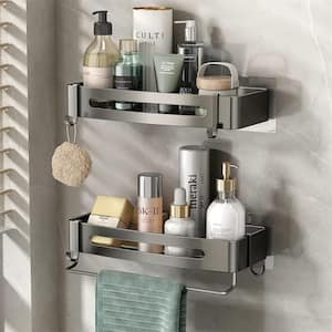 2 Pcs 4.7 in. W x 1.8 in. H x 12.8 in. D Steel Rectangular Shower Bath Shelf in Gray with Towel Bar and Removable Hooks