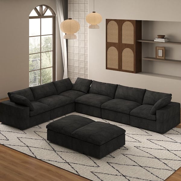 Magic Home 158 in. L-Shape 8-Piece 30% Linen Down Filled Rectangle Sectional Sofa Seperable Corner Couch with Ottoman in Black