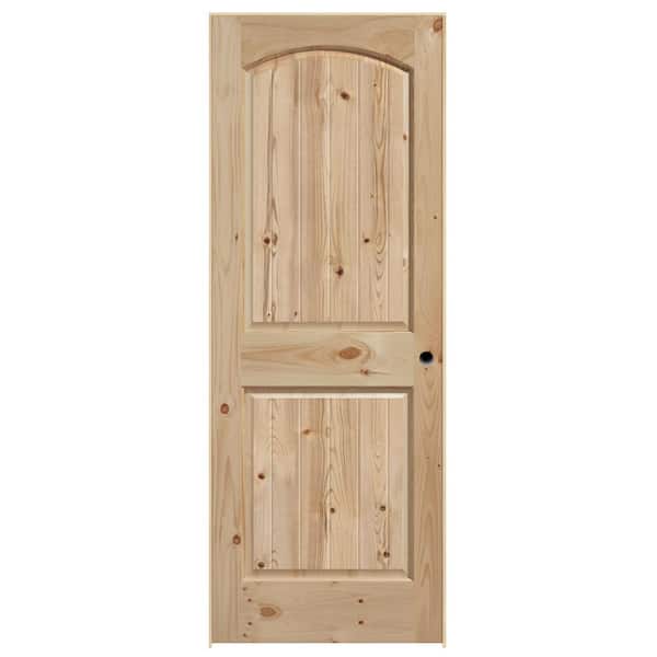 Masonite 30 in. x 80 in. 2-Panel Round Top Right-Hand V-Groove Solid Wood Unfinished Knotty Pine Single Prehung Interior Door