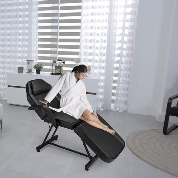 Karl home Black 73 in. Adjustable Massage Leather Chair Esthetician Bed with Stool