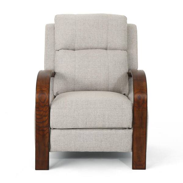Noble House Mair Traditional Beige Fabric Push Back Recliner with Exposed Wooden Frame