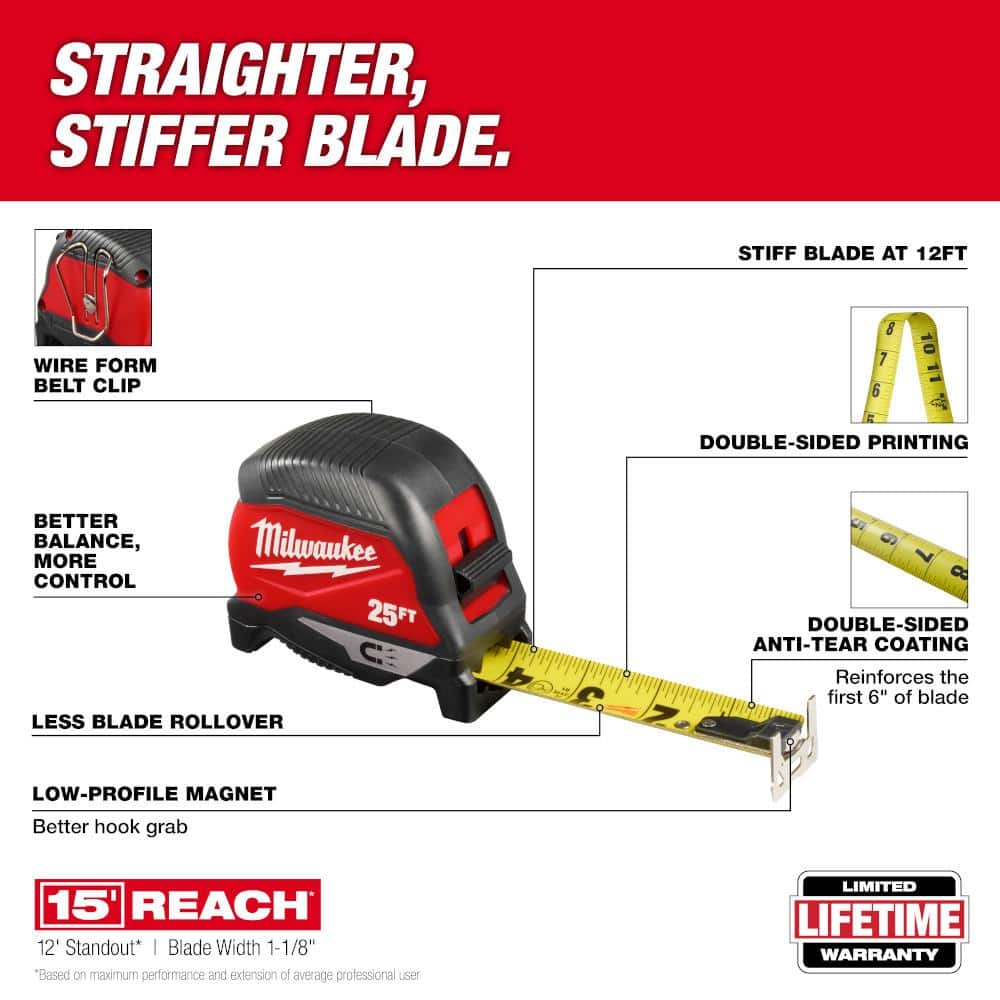 25 ft Red and Black Steel Retractable Magnetic Tape Measure