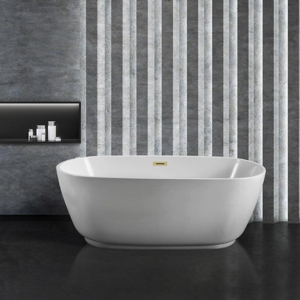 71" Glossy White Acrylic Freestanding Soaking Bathtub with Polished Brass Drain