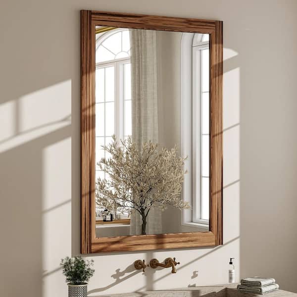 30 in. W x 40 in. H Rectangular Classic Brown Wooden Framed Bathroom Vanity Mirror Wall Mirror