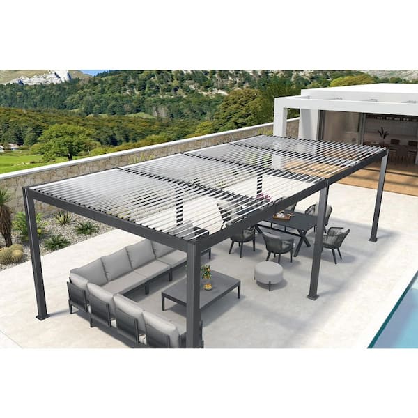 11.7 ft. x 24.1 ft. Gray Aluminum Outdoor Louvered Pergola with 4 White Individual Adjustable Roofs and In-Built Gutter