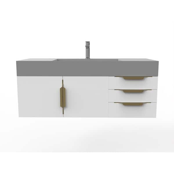 castellousa Maranon 48 in. W x 19 in. D x 19.75 in. H Single Bath Vanity in Matte White with Gold Trim and Gray Solid Surface Top