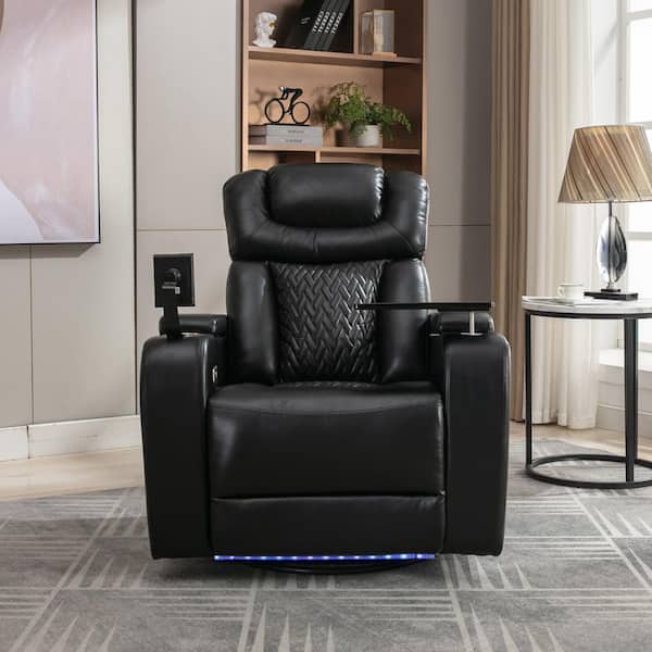270 Degree Swivel Black PU Leather Recliner with Phone and Cup Holder, Hidden Arm Storage and USB Port
