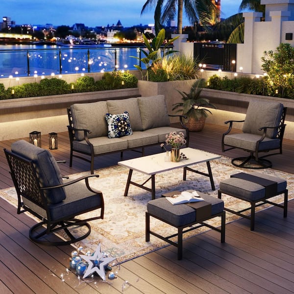 PHI VILLA Black Meshed 7-Seat 6-Piece Metal Outdoor Patio Conversation Set with Gray Cushions and Table with Marble Pattern Top