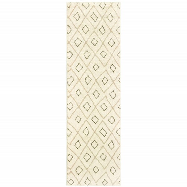 HomeRoots 2' X 8' Sand Ash Grey And Ivory Geometric Power Loom Stain Resistant Runner Rug