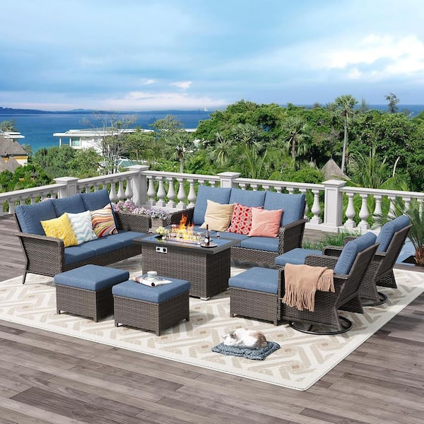 9-Piece Outdoor Patio Set with 44 in. Gas Fire Pit Table, PE Wicker Swivel Rocking Chairs and 4.3 in. Cushions, Blue