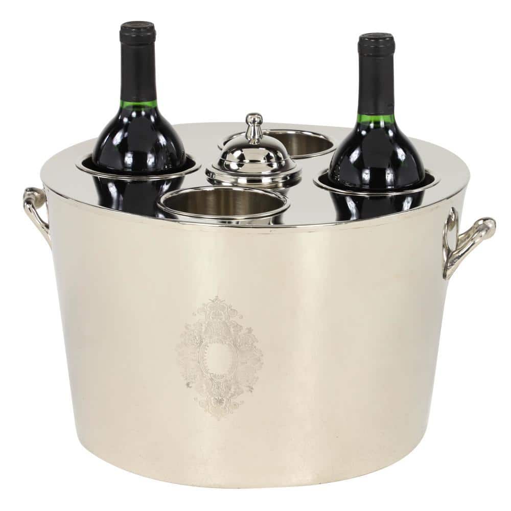 Large Oval Silver Metal Ice Bucket with Handles and Etching