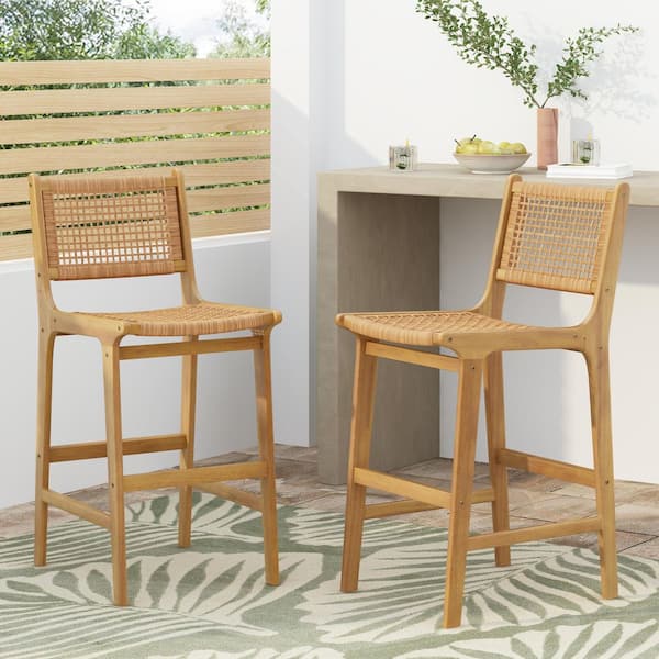 CHRISTOPHER KNIGHT HOME Maxwell Patio Solid Wood and Wicker Outdoor Bar Stool with Footrest, Light Teak + Brown (2-Pack)