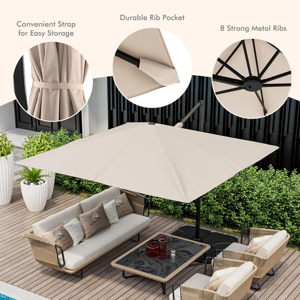 Beige 9.5FT Cantilever Patio Umbrella with 360° Rotation and Double Vented Top