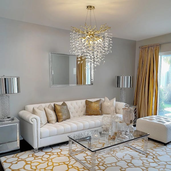 24 in. 8-Light Adjustable Chandelier with Crystal Decoration, Modern Gold Kitchen Island Chandelier, for Living Room