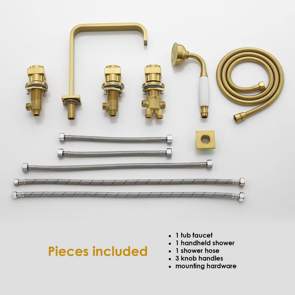Brushed Gold Stainless Steel Triple Handle Deck-Mount Roman Tub Faucet