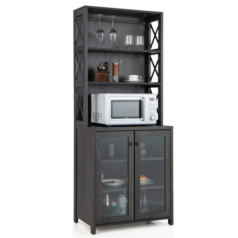 Angeles Home 69 1/4 in. H White Kitchen Pantry Dining Hutch Storage Cabinet with Microwave Stand and Adjustable Open Shelves