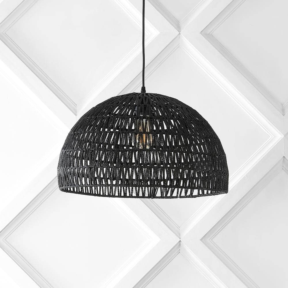 Bohemian Black Woven Rattan & Iron LED Dome Pendant 20"