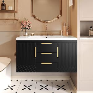 36 in. Wall Mounted Black Bath Vanity with White Resin Sink Top, Floating Storage Cabinet with 2 Drawers, 2 Doors