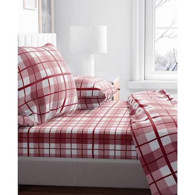 Red Plaid Cotton Flannel Sheet Set Full