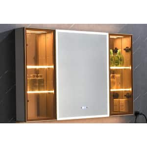 48 in. W x 30 in. H LED Lighted Gold Surface Mount Rectangular Medicine Cabinet with Mirror, Adjustable Shelves Defogger