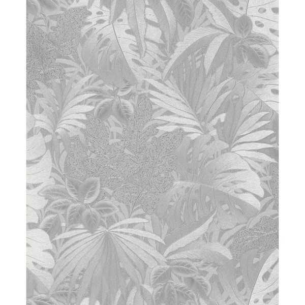 Unbranded Jungle Leaves Silver Metallic Finish Vinyl on Non-Woven Non-Pasted Wallpaper Sample