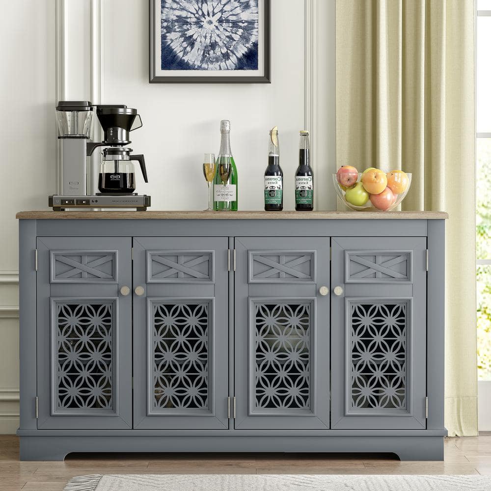 Vintage Gray Wood Buffet Sideboard with Glass Doors and Adjustable Shelves