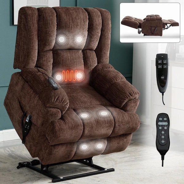 Brown Dual Motor Heat Massage Chenille Power Lift Recliner with Medium-Firm and Heavy Duty, Up to 350 lbs.