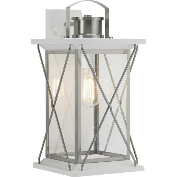 Progress Lighting Barlowe Collection 1-Light Stainless Steel Clear Seeded Glass Farmhouse Outdoor Large Wall Lantern Light