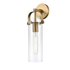 Pilaster 1-Light Brushed Brass Clear Wall Sconce with Clear Glass Shade