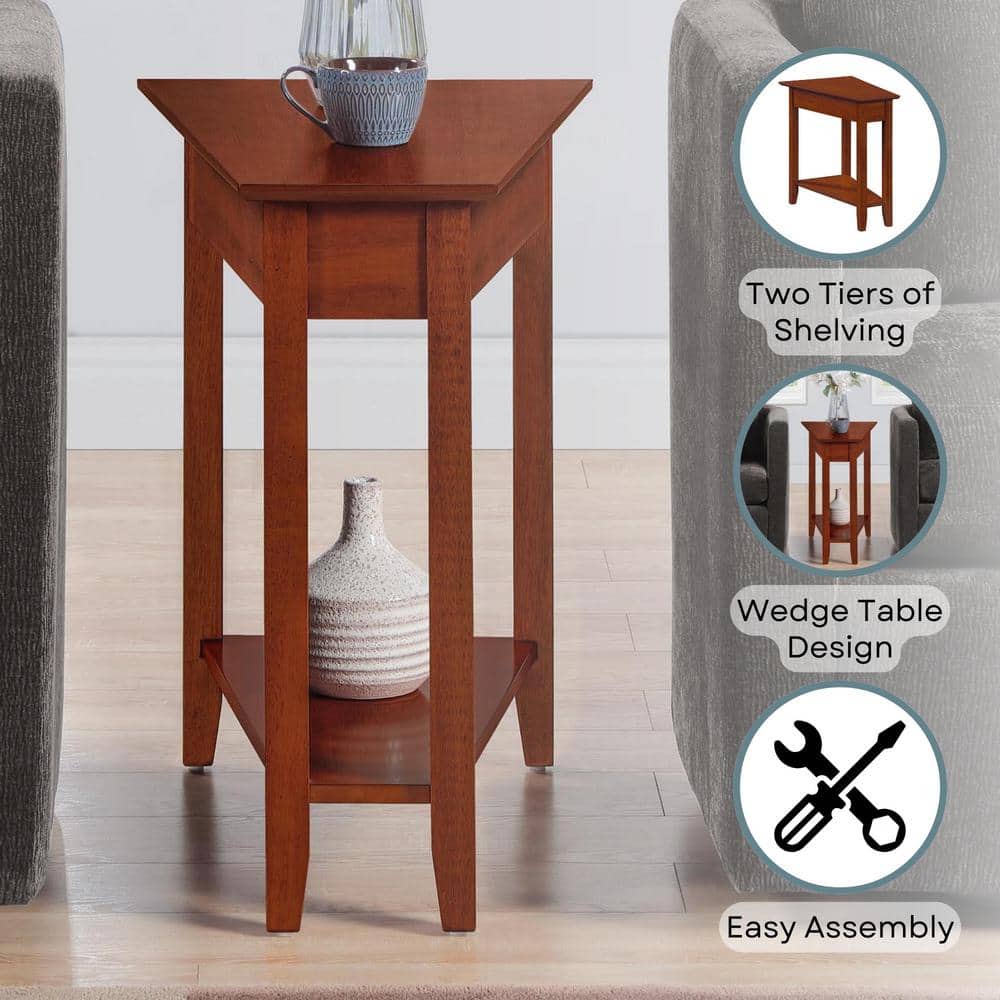 Triangular Cherry Wood and Metal Wedge End Table with Shelf