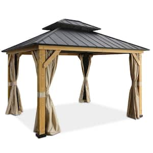 13 ft. W x 11 ft. D Outdoor Cedar Framed Hardtop Double Roof Gazebo, Mosquito Netting and Curtains Included