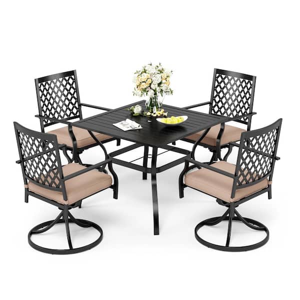 PHI VILLA 5-Piece Metal Outdoor Dining Set with Swivel Chairs with Beige Cushions