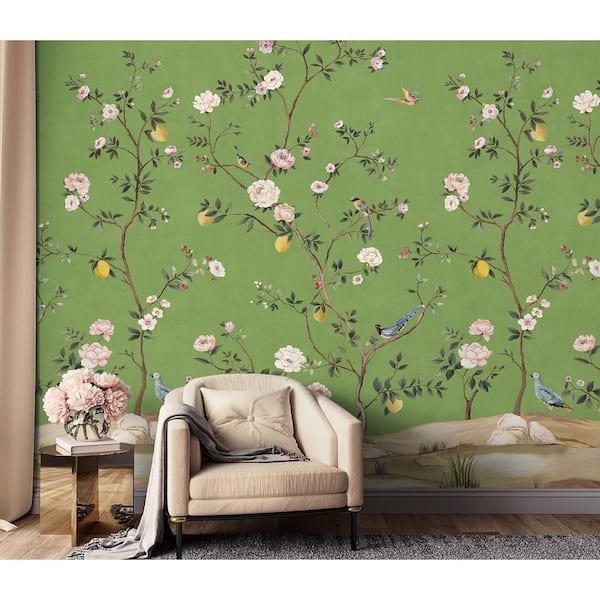 NextWall 67.5 sq. ft. Green Blossom Chinoiserie Vinyl Peel and