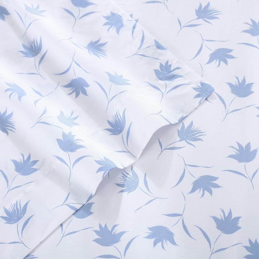 King Blue Floral Cotton Percale Sheet Set