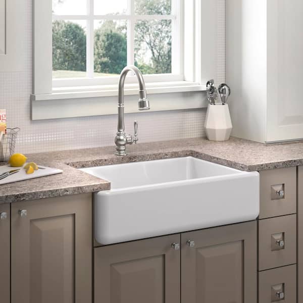 Whitehaven Undermount Cast Iron 33 in. Kitchen Sink in White with Artifacts Faucet in Stainless Steel