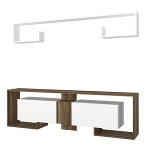 70.9 in. White and Brown Wooden TV Console Entertainment Media Center with Wall Mounted Floating Shelf (2 Piece Set)