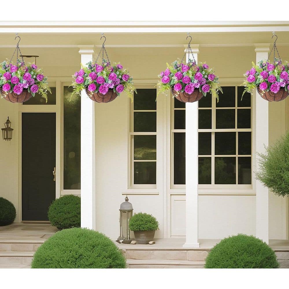 21.3 in. Purple Indoor Artificial Rose Flowers in Brown Basket