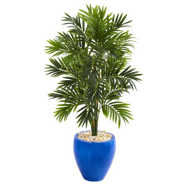 Nearly Natural Indoor 4 ft. Areca Palm Artificial Tree in Glazed Blue Planter
