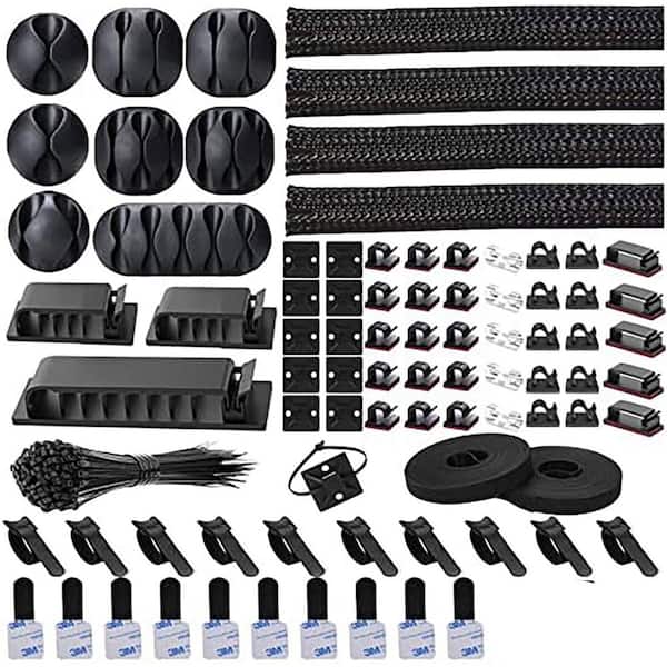 Cable Management Kit 192-Piece 4 Wire Organizer Sleeve w/ 35 Cord Clips 11 Holders 10 Plus 2 Straps 100 Ties Black Clear